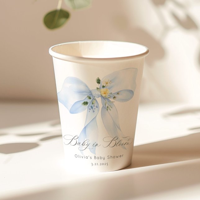 Blue Floral Bow Baby in Bloom Baby shower Paper Cups (Creator Uploaded)