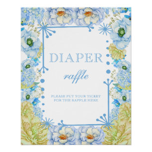 Blue Floral & Bow Baby Shower Diaper Raffle Poster