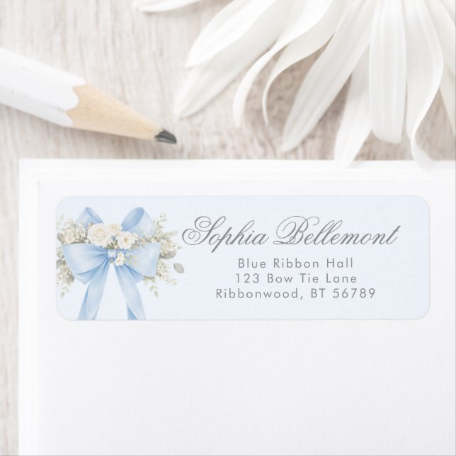 Blue  Floral Bow Baby Shower Return Address (Insitu)