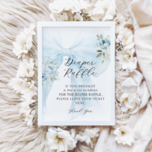 Blue Floral Bow Coquette Diaper Raffle Baby Shower Invitation