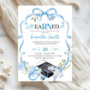 Blue Floral Bow Coquette RN Graduation party  Invitation