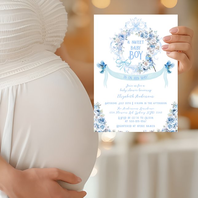 Blue Floral Bow Crest Sweet Baby Boy Baby Shower Invitation (Creator Uploaded)