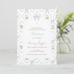 Blue Floral Bow Elegant Christian Girl Baptism Invitation