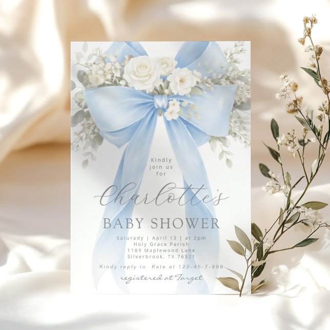 Blue Floral Bow It's a Boy Baby Shower Invitation (Creator Uploaded)