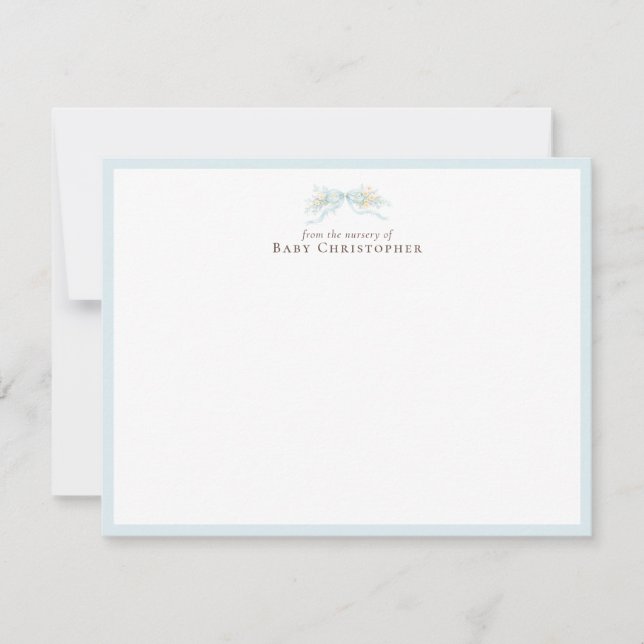 Blue Floral Bow Nursery Note Card – Personalized (Front)