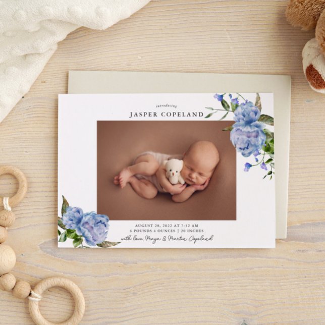 Blue Floral Boy Baby Photo Faire-part de naissance (Créateur téléchargé)