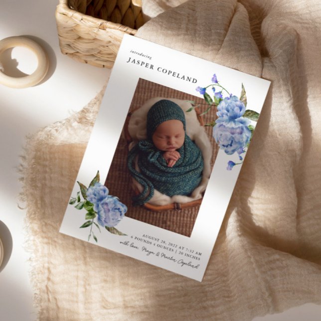 Blue Floral Boy Baby Photo Faire-part de naissance (Créateur téléchargé)