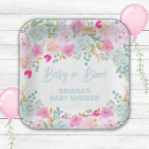 Blue Floral Boy Baby Shower Paper Plate