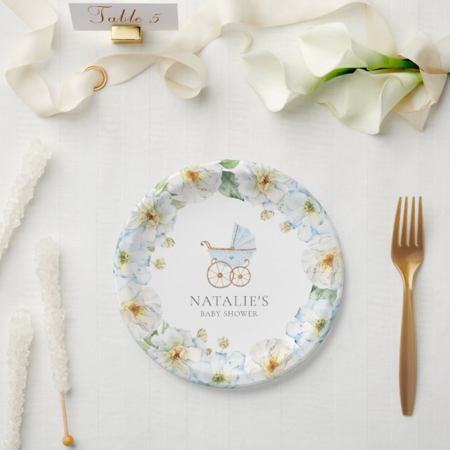 Blue Floral Boy Baby Shower Paper Plate (Wedding)