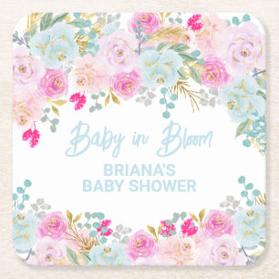 Blue Floral Boy Baby Shower Square Paper Coaster