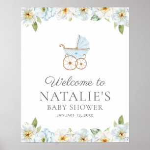 Blue Floral Boy Baby Shower Welcome Poster