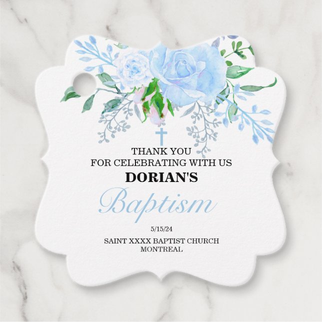 Blue Floral Boy Baptism Favoriser les étiquettes (Devant)