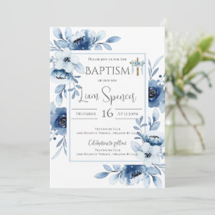 Blue Floral Boy Baptism Invitation