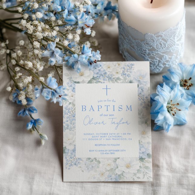 Blue Floral  Boy  Baptism Invitation (Creator Uploaded)
