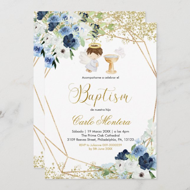 Blue Floral Boy Baptism Invitation (Front/Back)