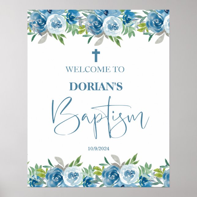 Blue Floral Boy Baptism  Poster (Front)