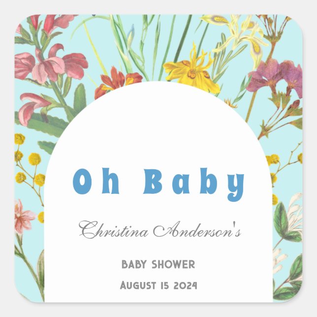 Blue Floral Boy Elegant Square Baby Shower Square Sticker (Front)