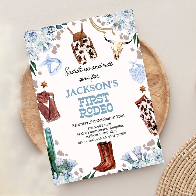 Blue Floral Boys First rodeo 1st birthday Invitation (Boy First Rodeo 1st Birthday Invitation, Blue Floral Cowboy 1st Birthday Invitation, Western Themed)