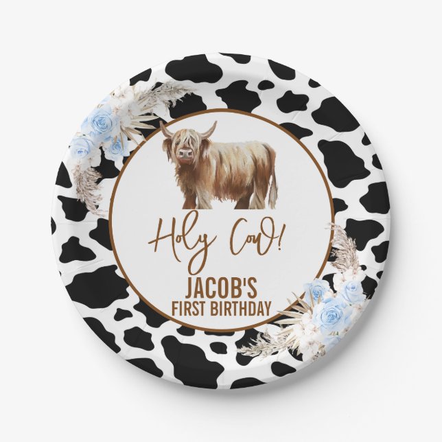 Blue Floral Boys Holy Cow 1st Birthday Paper Plate (Front)