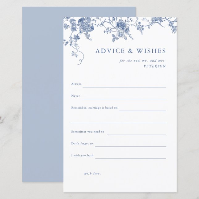 Blue Floral Bridal Shower Advice & Wishes Card (Front/Back)