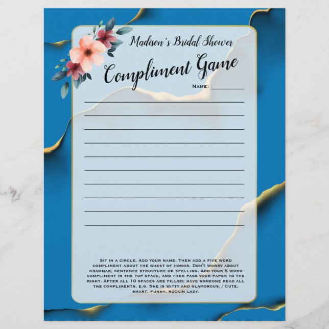 Blue Floral Bridal Shower Icebreaker 💕 5 Word Fun (Front)