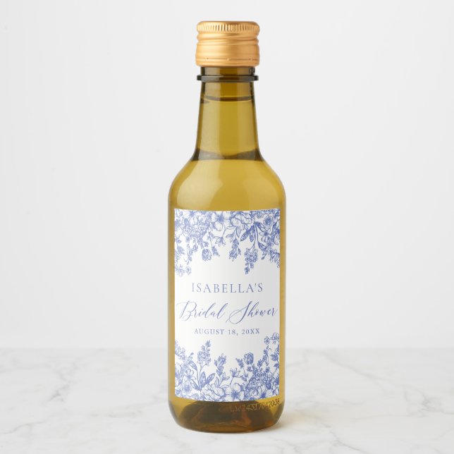 Blue Floral Bridal Shower Mini Wine Bottle Labels (Front)