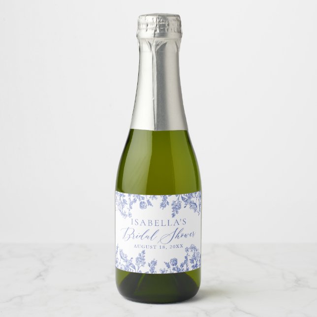 Blue Floral Bridal Shower Mini Wine Bottle Labels (Front)