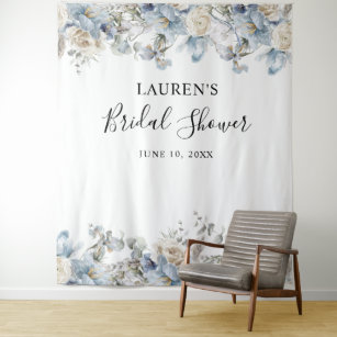 Blue Floral Bridal Shower  Photo Booth Backdrop Tapestry
