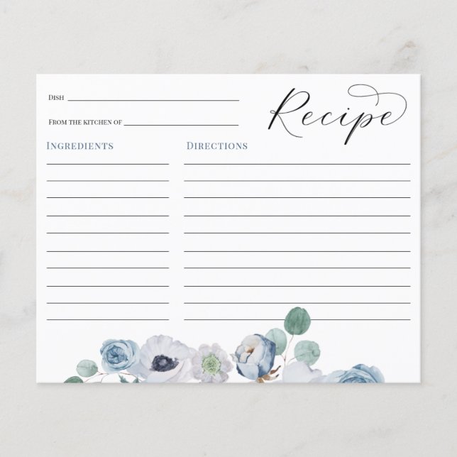 Blue Floral Bridal Shower Recipe card (Front)