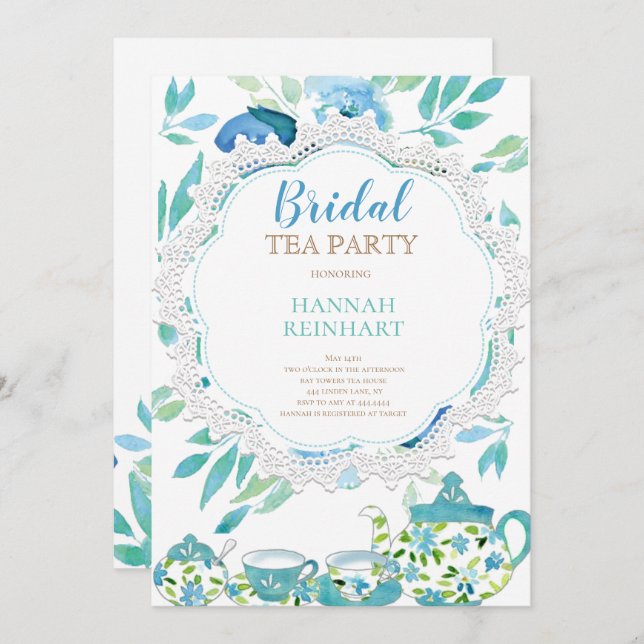 Blue floral Bridal Shower Tea Party Invitation (Front/Back)