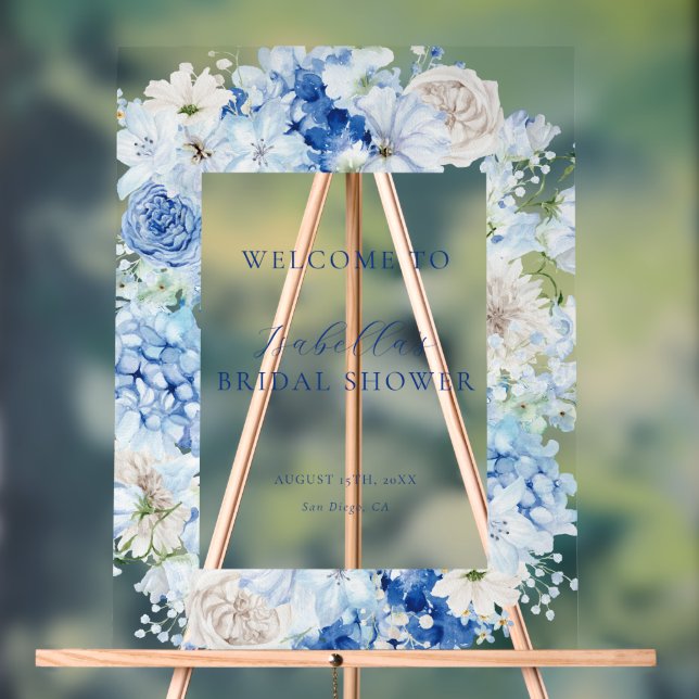 Blue Floral Bridal Shower Welcome Acrylic Sign (Neutral)