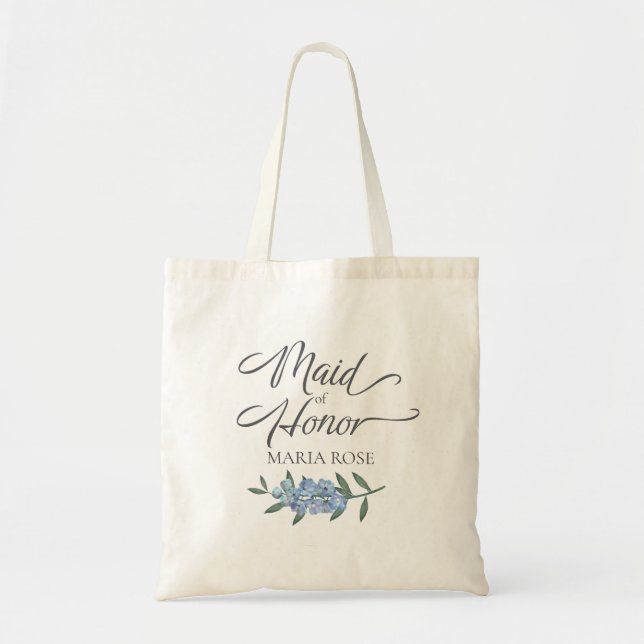 Blue Floral Bridesmaid Botanical Calligraphy  Tote Bag (Front)