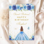 Blue Floral Brown Hair Girl Sweet Sixteen Card<br><div class="desc">This elegant and glamourous sweet sixteen birthday card can be personalized with a name or title such as daughter, granddaughter, niece, friend etc. The design features a beautiful princess with brown red hair and fair skin in a blue ball gown. The text combines handwritten script and modern sans serif fonts...</div>