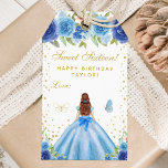Blue Floral Brown Hair Princess Sweet Sixteen Gift Tags<br><div class="desc">This elegant and glamourous sweet sixteen birthday gift tag can be personalized with a name. The design features a beautiful princess with brown red hair and fair skin in a blue ball gown. The text combines handwritten script and modern sans serif fonts for a classy and sophisticated look. The floral...</div>
