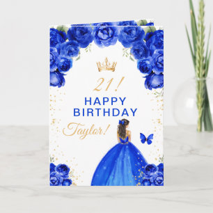 Blue Floral Brunette Hair Girl Happy Birthday Card