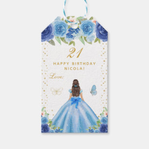 Blue Floral Brunette Hair Girl Happy Birthday Gift Tags