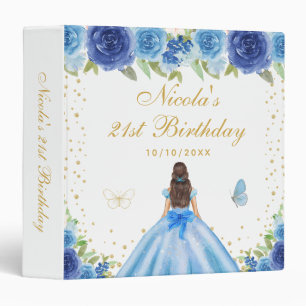 Blue Floral Brunette Hair Princess Birthday Party Binder