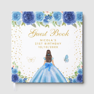 Blue Floral Brunette Hair Princess Birthday Party Guest Book