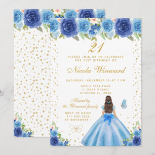 Blue Floral Brunette Hair Princess Birthday Party Invitation