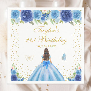 Blue Floral Brunette Hair Princess Birthday Party Napkin