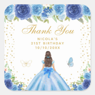 Blue Floral Brunette Hair Princess Birthday Party Square Sticker