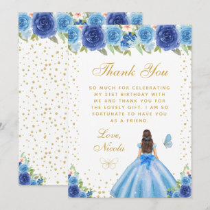 Blue Floral Brunette Hair Princess Birthday Party Thank You Card