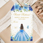 Blue Floral Brunette Hair Princess Sweet Sixteen Gift Tags<br><div class="desc">This elegant and glamourous sweet sixteen birthday gift tag can be personalized with a name. The design features a beautiful princess with brunette hair and fair skin in a blue ball gown. The text combines handwritten script and modern sans serif fonts for a classy and sophisticated look. The floral arrangements,...</div>