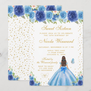 Blue Floral Brunette Hair Princess Sweet Sixteen Invitation