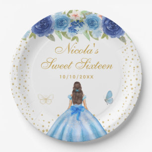 Blue Floral Brunette Hair Princess Sweet Sixteen Paper Plate
