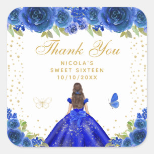 Blue Floral Brunette Hair Princess Sweet Sixteen Square Sticker