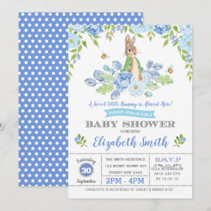 Blue Floral Bunny Baby Shower Woodland Boy Rabbit Invitation
