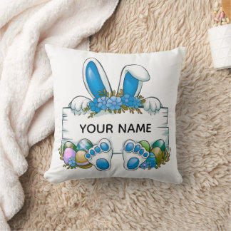 Blue Floral Bunny Ears Easter Name Sign Graphic Throw Pillow