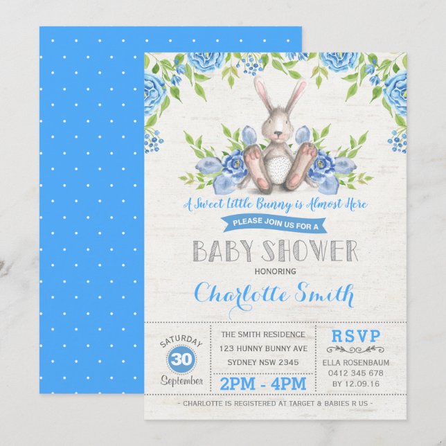 Blue Floral Bunny Rabbit Baby Shower Garden Tea Invitation (Front/Back)