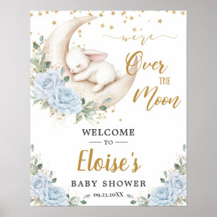 Blue Floral Bunny Rabbit Moon Baby Shower Welcome Poster